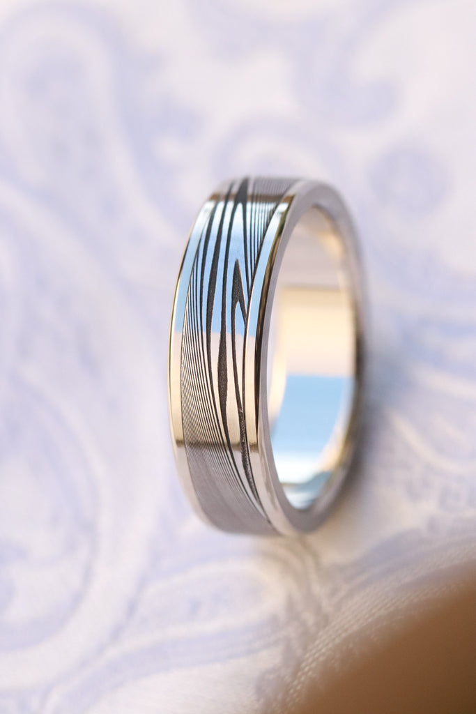 6mm Gold & damascus wedding band, 14k or 18k gold damascus wedding ban