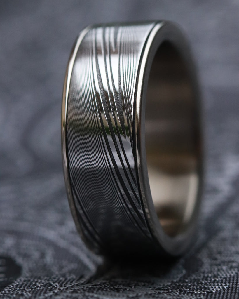 Gold & damascus wedding band, 14k or 18k gold damascus wedding band