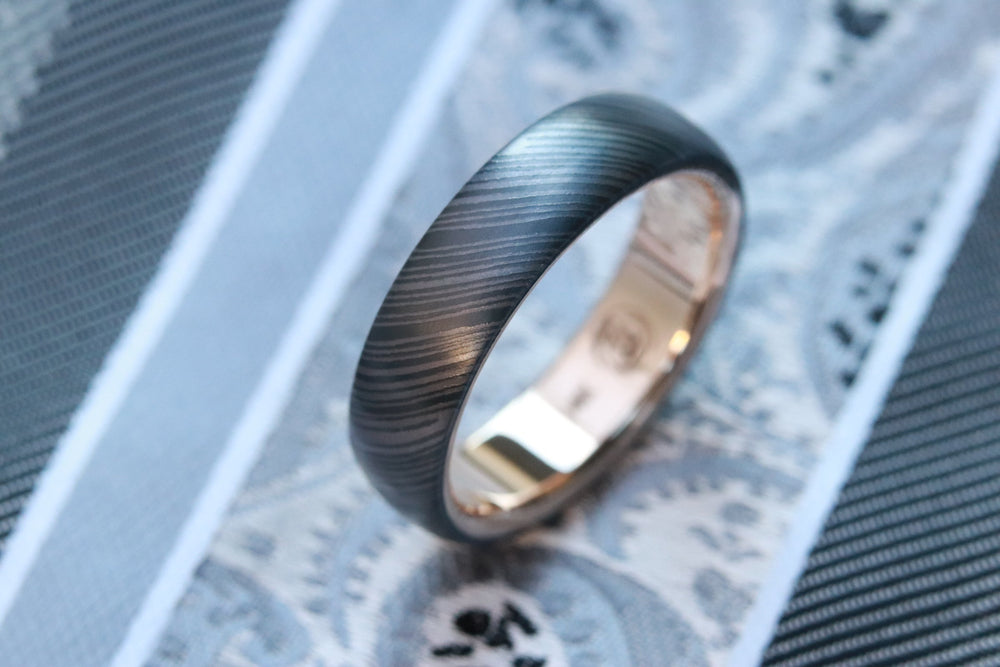 8mm 14k yellow gold niobium zirconium damascus NbZr, domed shape!