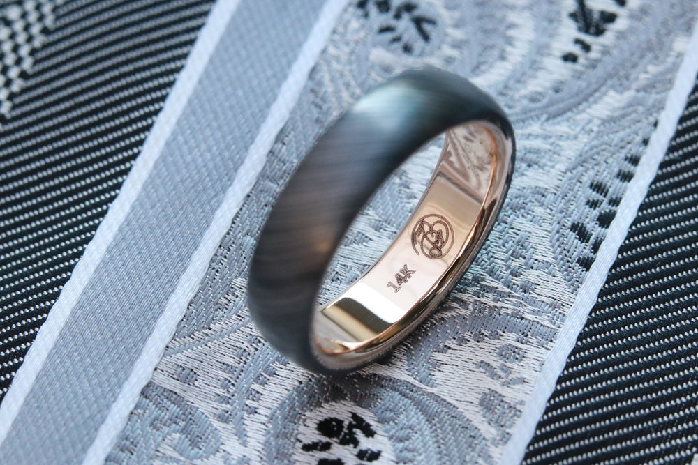 8mm 14k yellow gold niobium zirconium damascus NbZr, domed shape!