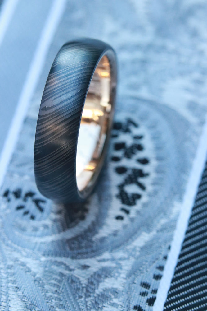 8mm 14k yellow gold niobium zirconium damascus NbZr, domed shape!