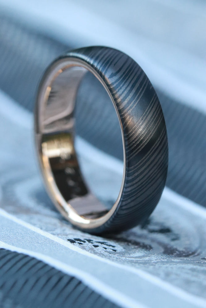 8mm 14k yellow gold niobium zirconium damascus NbZr, domed shape!