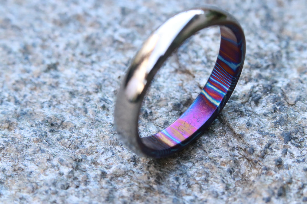 5mm domed brushed titanium basket weave timascus ring