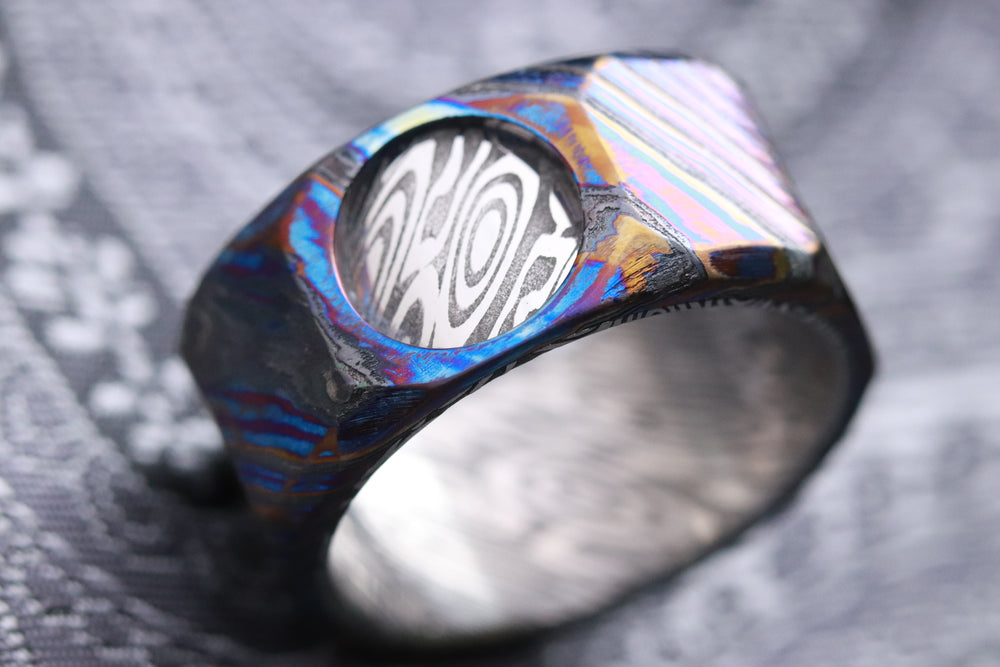 New  "The cube ³v CW" Limited Edition Series-12mm Timascus / Mokuti timascus & damasteel  ring,mens ring, mokuti ring, Damascus ring infinity cube