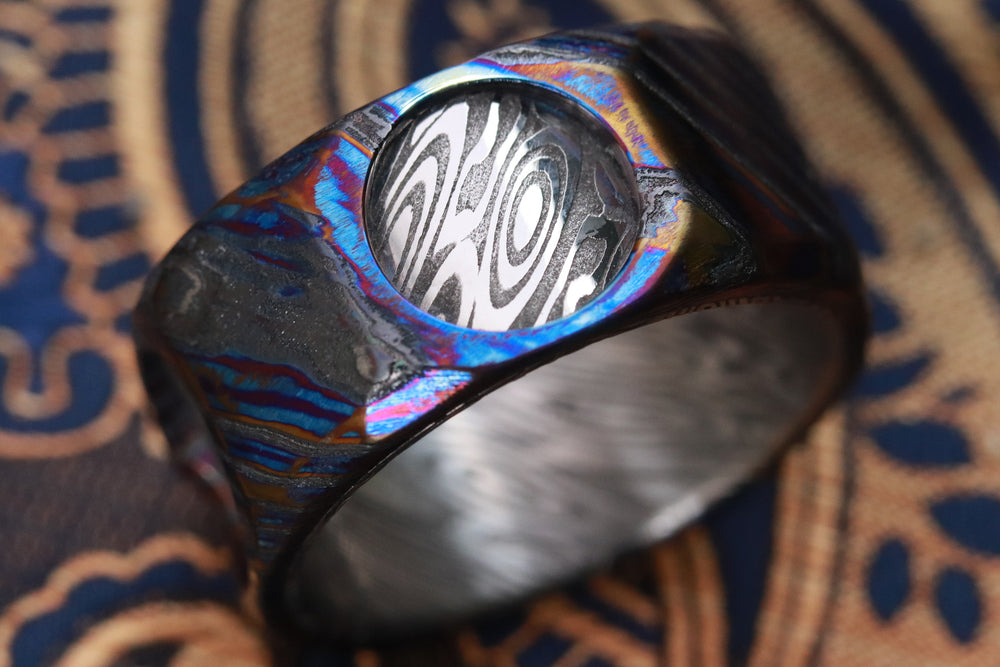 New  "The cube ³v CW" Limited Edition Series-12mm Timascus / Mokuti timascus & damasteel  ring,mens ring, mokuti ring, Damascus ring infinity cube