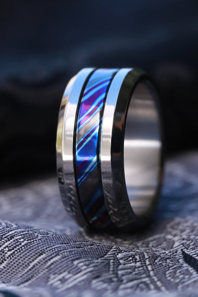 Grayson Blue" Limited Edition Series-9mm titanium damascus Timascus /  black timascus ring, mokuti ring