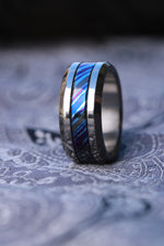 Grayson Blue" Limited Edition Series-9mm titanium damascus Timascus /  black timascus ring, mokuti ring