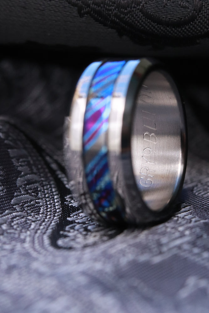 Grayson Blue" Limited Edition Series-9mm titanium damascus Timascus /  black timascus ring, mokuti ring