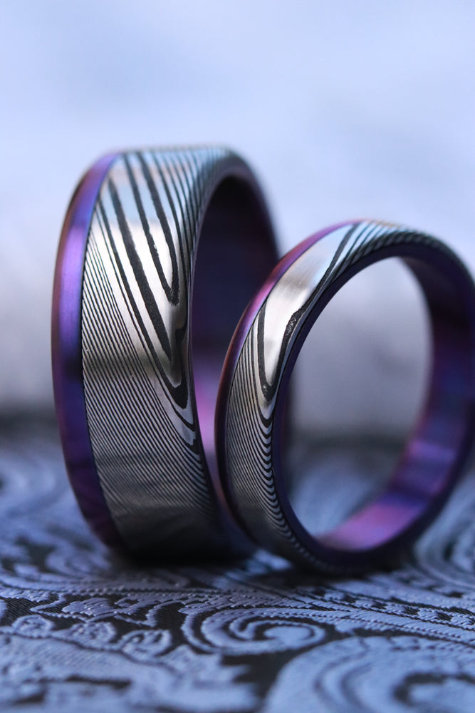Purple Titanium &  Damascus steel ring set-  stainless damasteel titanium ring, mens wedding band, mens rings , purple ring, wedding rings