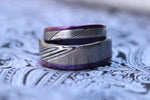 Purple Titanium &  Damascus steel ring set-  stainless damasteel titanium ring, mens wedding band, mens rings , purple ring, wedding rings