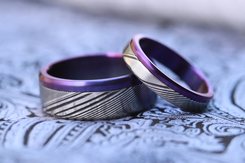 Purple Titanium &  Damascus steel ring set-  stainless damasteel titanium ring, mens wedding band, mens rings , purple ring, wedding rings