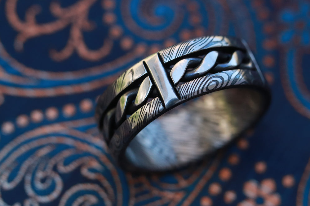 "Bregdan hybrid" handmade braided wedding ring, damascus hybrid damasteel, curb chain ring celtic rings braided rings