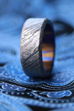 Stone ZrTi 8mm lined in dragons breathe ZrTi ring 3mm-9mm wide timascus ring, mokuti ring