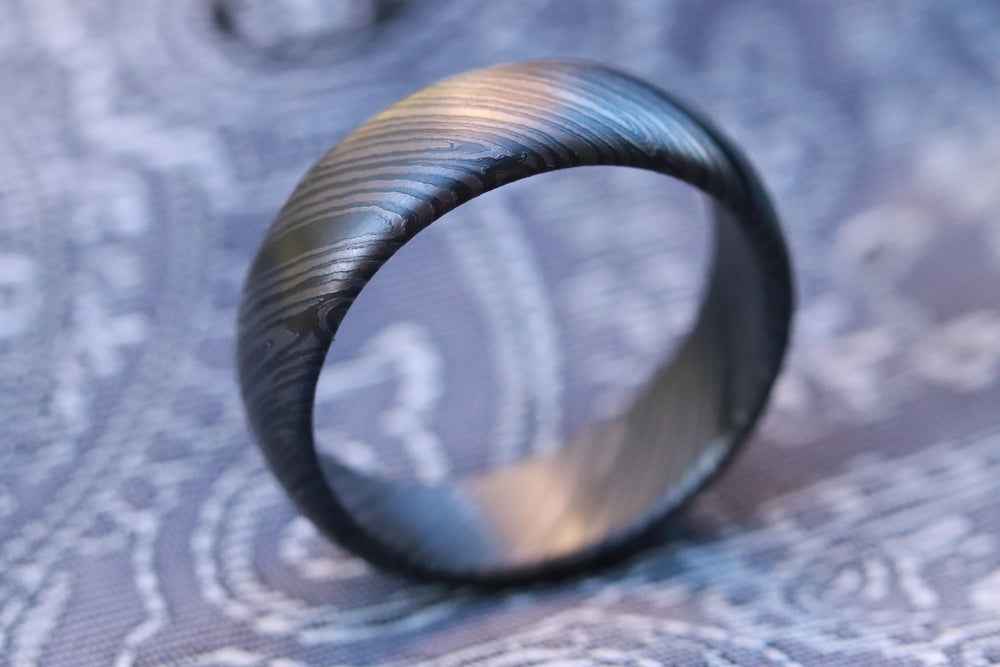 niobium damascus zirconium zrti ring 6-8mm wide  zirconium/black domed mens rings