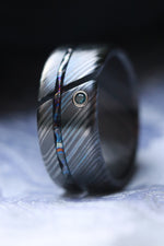 Hybrid - Niobium / Zirconium damascus - timascus aqua diamond ring, wedding band