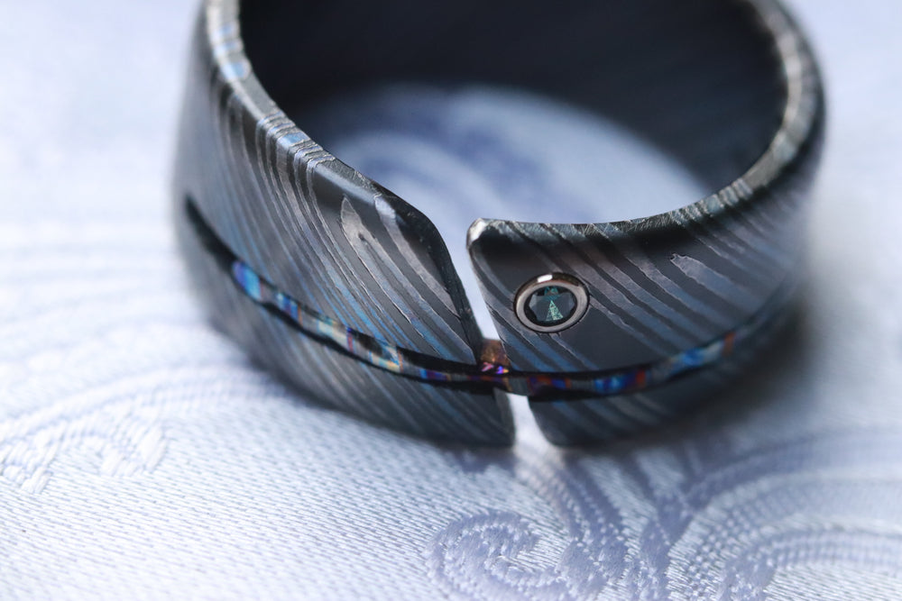 Hybrid - Niobium / Zirconium damascus - timascus aqua diamond ring, wedding band