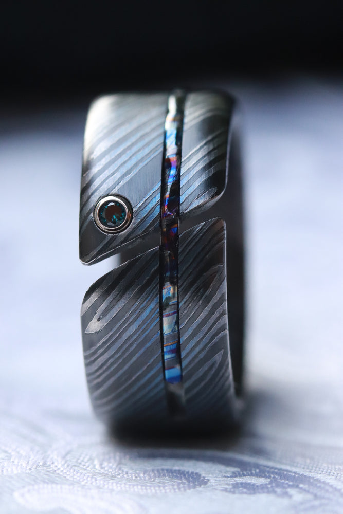 Hybrid - Niobium / Zirconium damascus - timascus aqua diamond ring, wedding band