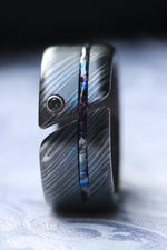 Hybrid - Niobium / Zirconium damascus - timascus aqua diamond ring, wedding band