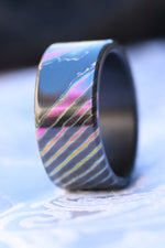 Black titanium lined florescent 8-10mm zirconium band Black / ZrTi brushed ziconium timascus ring,black timascus ring, mens rings weddingrings, zirconium damascus