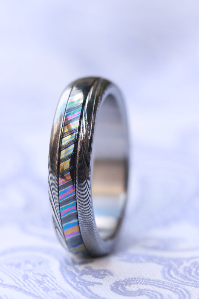 Women's 5mm "traditional" style Black Timascus ring Mokuti & Stainless zrti ring Damascus ,  dark "woodgrain" zirconium titanium