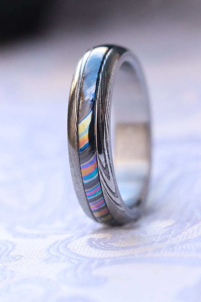 Women's 5mm "traditional" style Black Timascus ring Mokuti & Stainless zrti ring Damascus ,  dark "woodgrain" zirconium titanium
