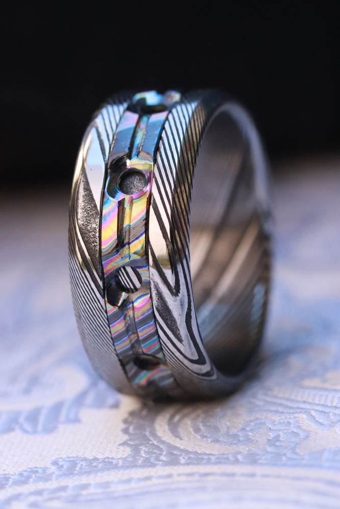 Grayson GRY9 WGTK  Limited Edition Series-9mm Timascus / Mokuti timascus & damasteel  ring,mens ring, mokuti ring, Damascus ring Woodgrain