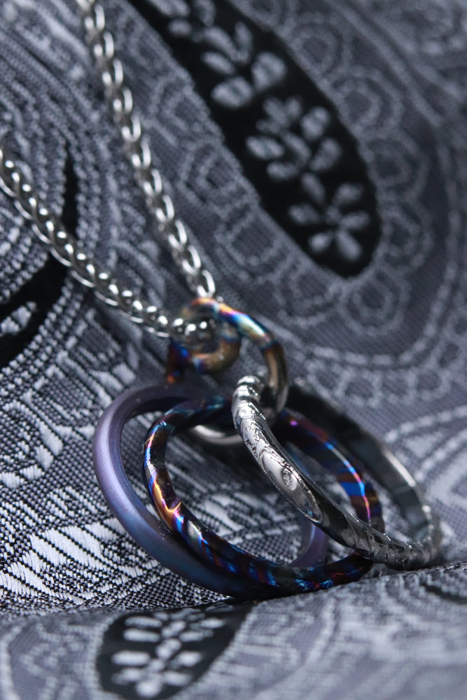 3 piece exotic alloy ring necklace, timascus necklace, zirconium necklace