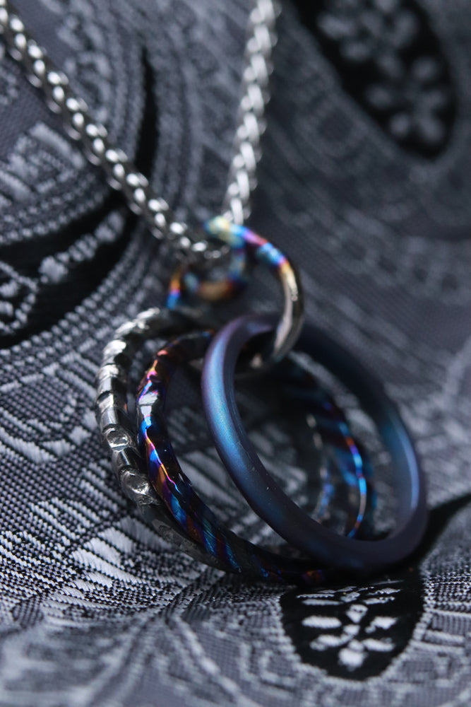 3 piece exotic alloy ring necklace, timascus necklace, zirconium necklace