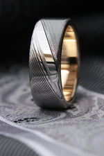 Polished 8mm deep etch Damascus steel ring 14k yellow Gold & Stainless Damascus