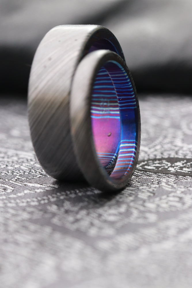 Ring set NbZr zirconium damascus basket weave set