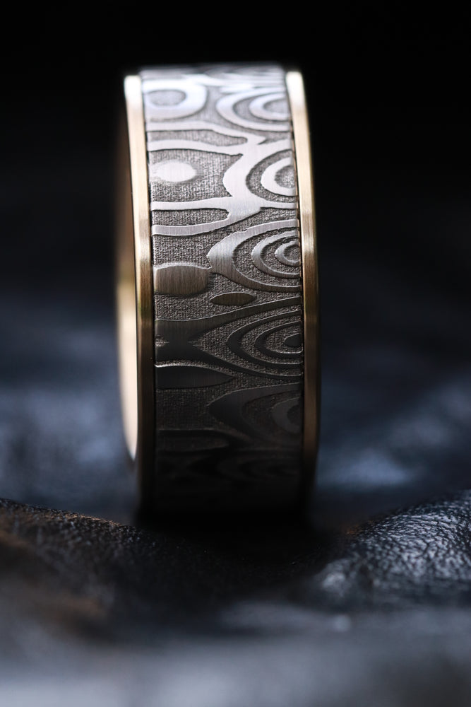 Gold & Stainless Damascus damasteel  band 10mm customizable stainless damascus steel ring 14k 18k gold ring rosegold ring fenja