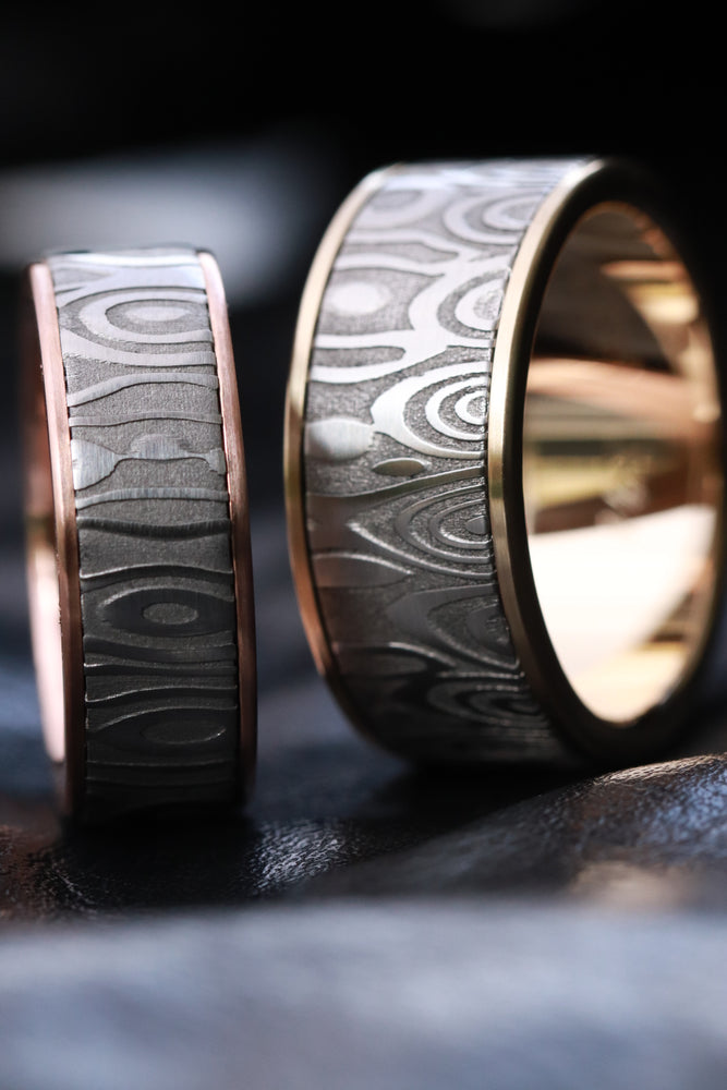 Gold & Stainless Damascus damasteel  band 10mm customizable stainless damascus steel ring 14k 18k gold ring rosegold ring fenja