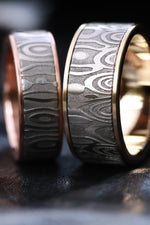 Gold & Stainless Damascus damasteel  band 10mm customizable stainless damascus steel ring 14k 18k gold ring rosegold ring