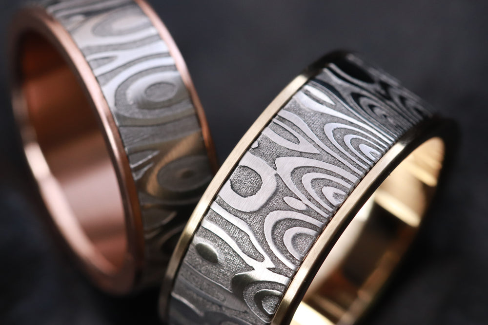 Gold & Stainless Damascus damasteel  band 10mm customizable stainless damascus steel ring 14k 18k gold ring rosegold ring