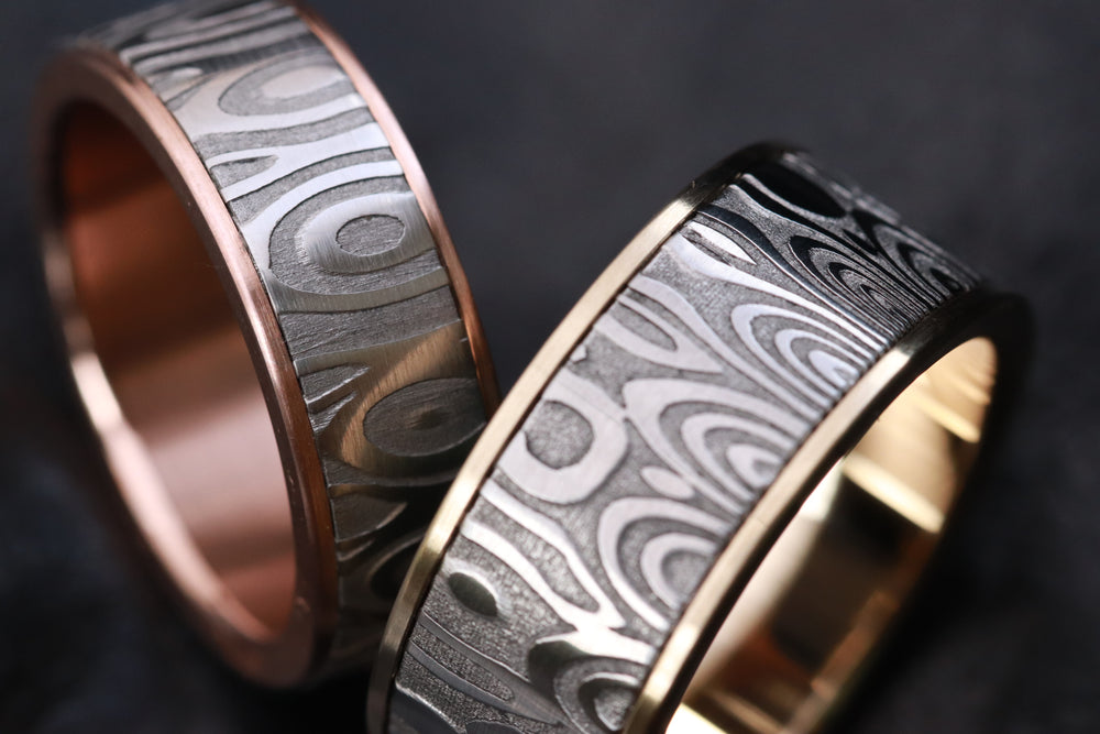 Gold & Stainless Damascus damasteel  band 10mm customizable stainless damascus steel ring 14k 18k gold ring rosegold ring fenja