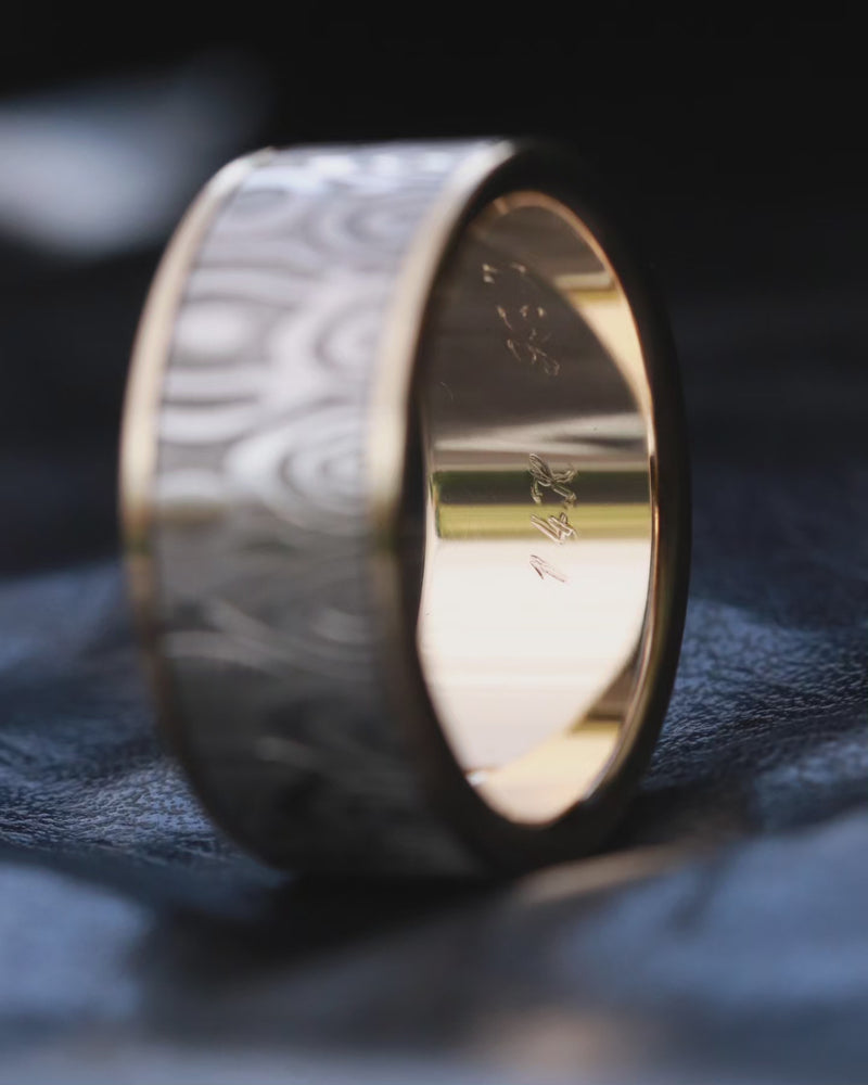 Gold & Stainless Damascus damasteel  band 10mm customizable stainless damascus steel ring 14k 18k gold ring rosegold ring fenja