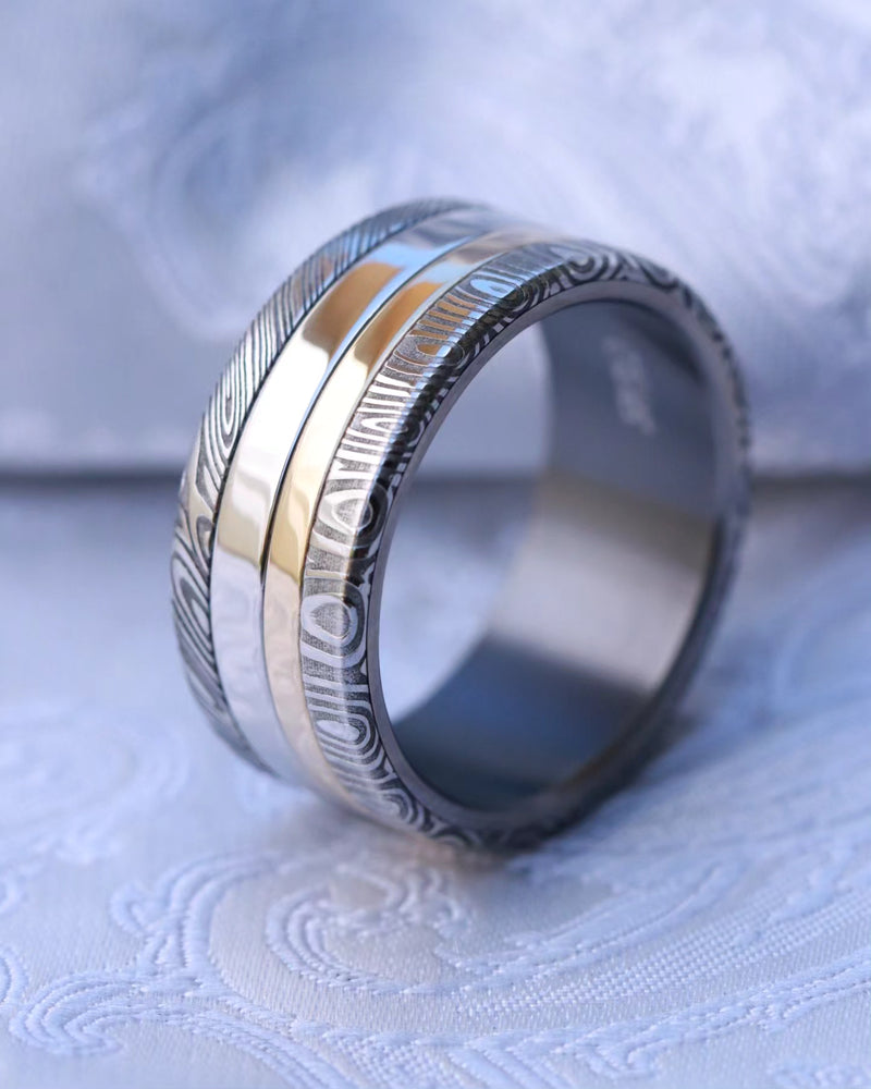 Platinum & 14k yellow gold and damasteel stainless damascus Zirconium lined customizable ring mens wedding bands Gold rings