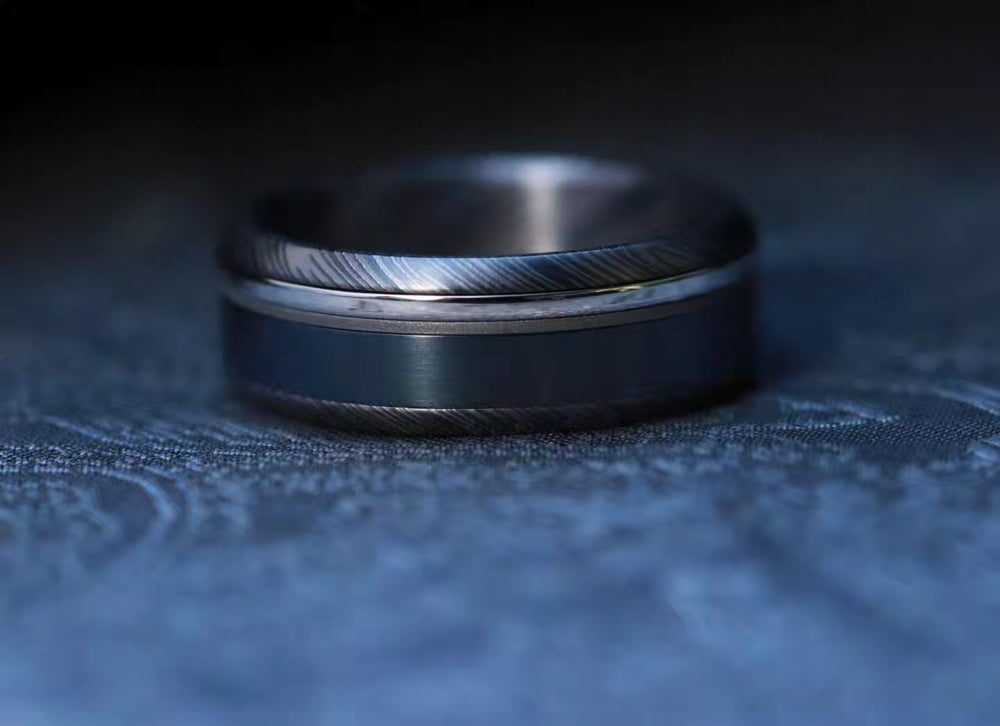 Platinum zirconium damascus black titanium ring