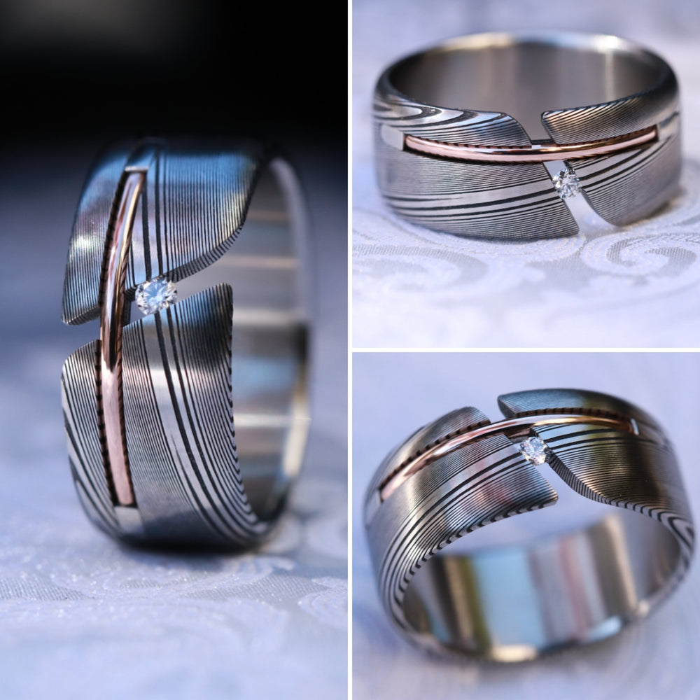Diamond damascus gold Hybrid ring, diamond tension, 14k gold inlay, damasteel band