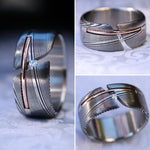 Diamond damascus gold Hybrid ring, diamond tension, 14k gold inlay, damasteel band