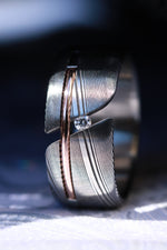 Diamond damascus gold Hybrid ring, diamond tension, 14k gold inlay, damasteel band