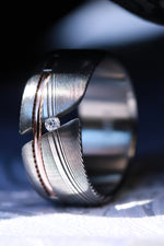 Diamond damascus gold Hybrid ring, diamond tension, 14k gold inlay, damasteel band