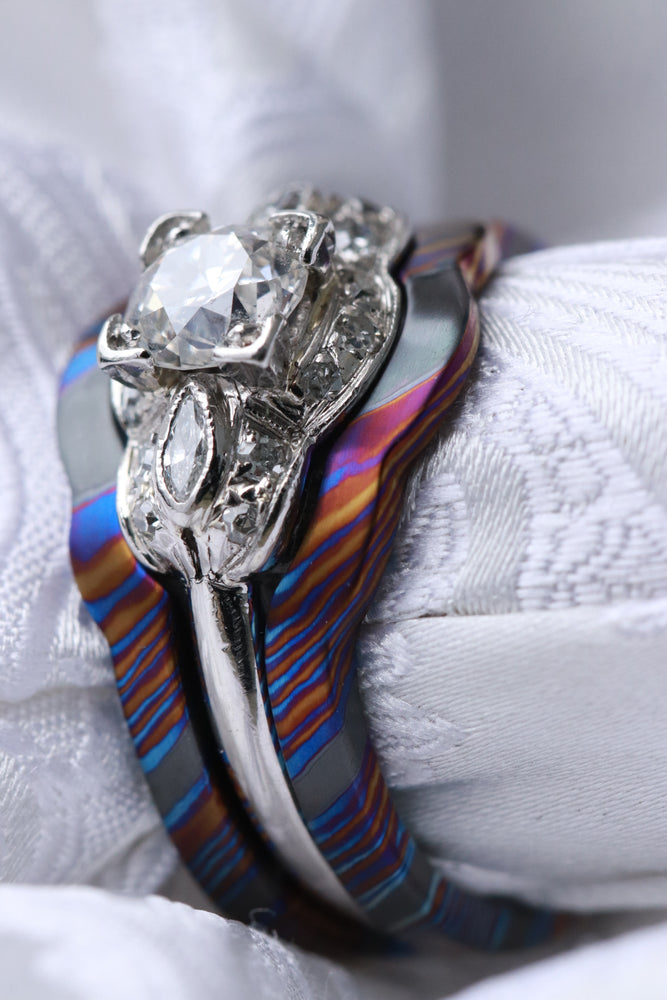 ZrTi Timascus bridal set, two titanium damascus rings, women's rings