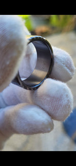 Stone weathered 6mm-10mm wide timascus ring, black titanium lined