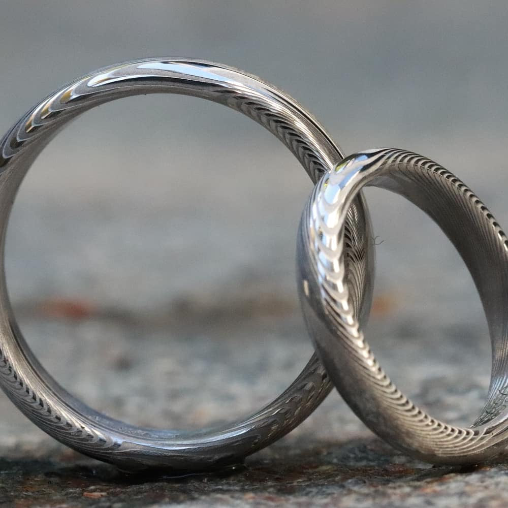 Two Genuine Damascus ring set Stainless steel Damascus 