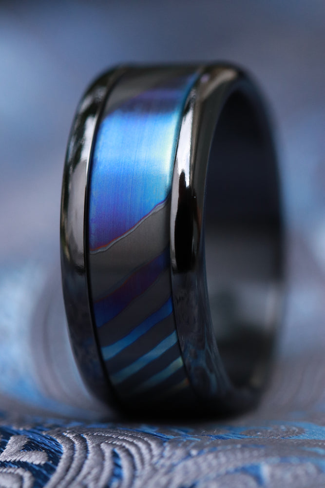 Black titanium and timascus titanium zirconium ring