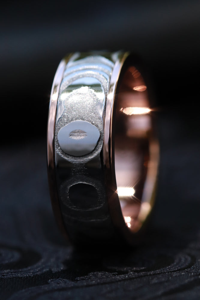 Rose Gold & Stainless Damascus damasteel Odins Heimskringla "Lucia" 14k 18k customizable stainless damascus steel ring gold ring rosegold ring fenja pattern