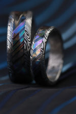 His and Her's set timascus titanium zirconium and damasteel band dragon roll concave