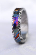 Womems 5mm timascus titanium zirconium and damasteel band dragon roll concave