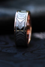 Rose Gold & Stainless Damascus damasteel Odins Heimskringla "Lucia" 14k 18k customizable stainless damascus steel ring gold ring rosegold ring fenja pattern
